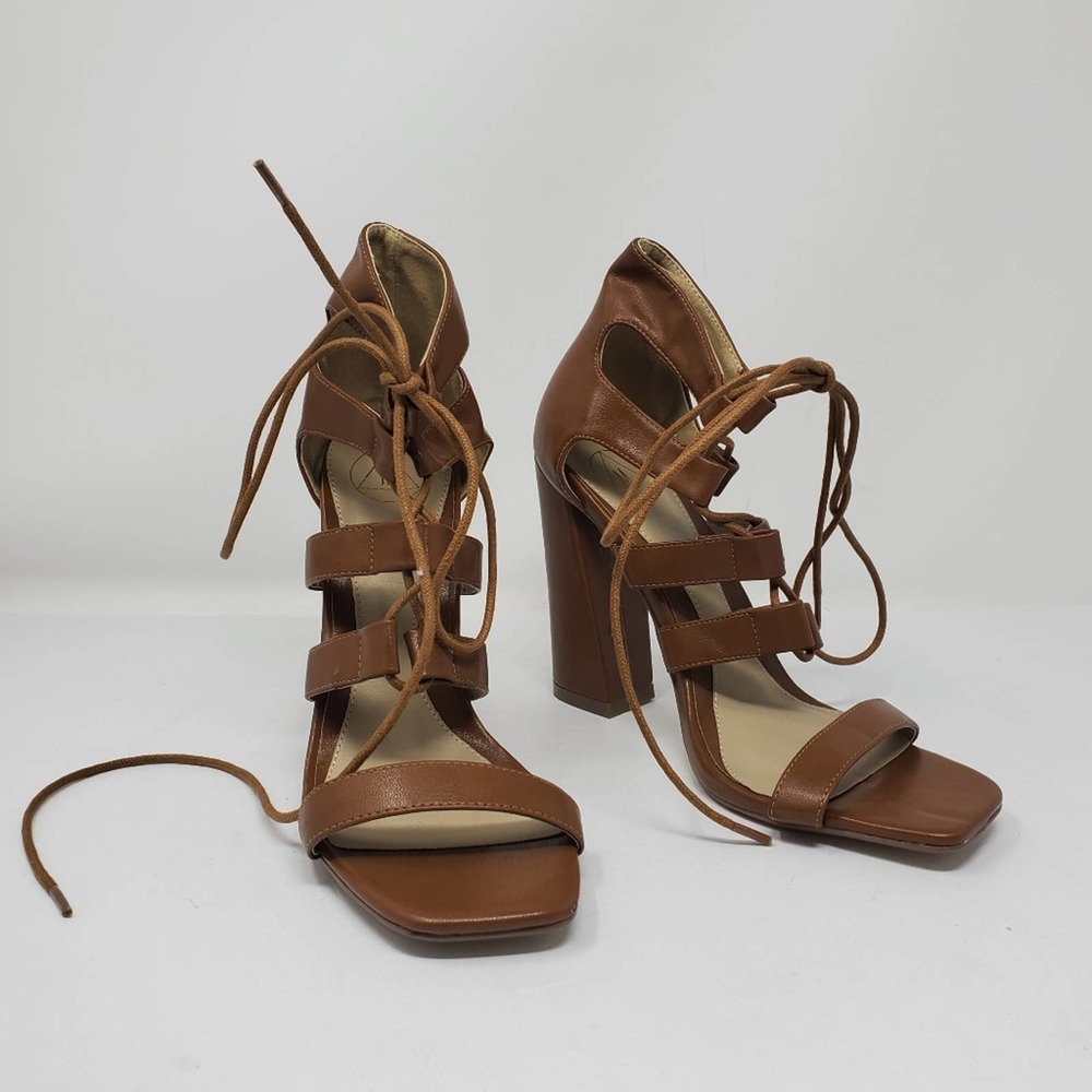 Missguided brown strappy faux leather lace up chunky heels Size 40